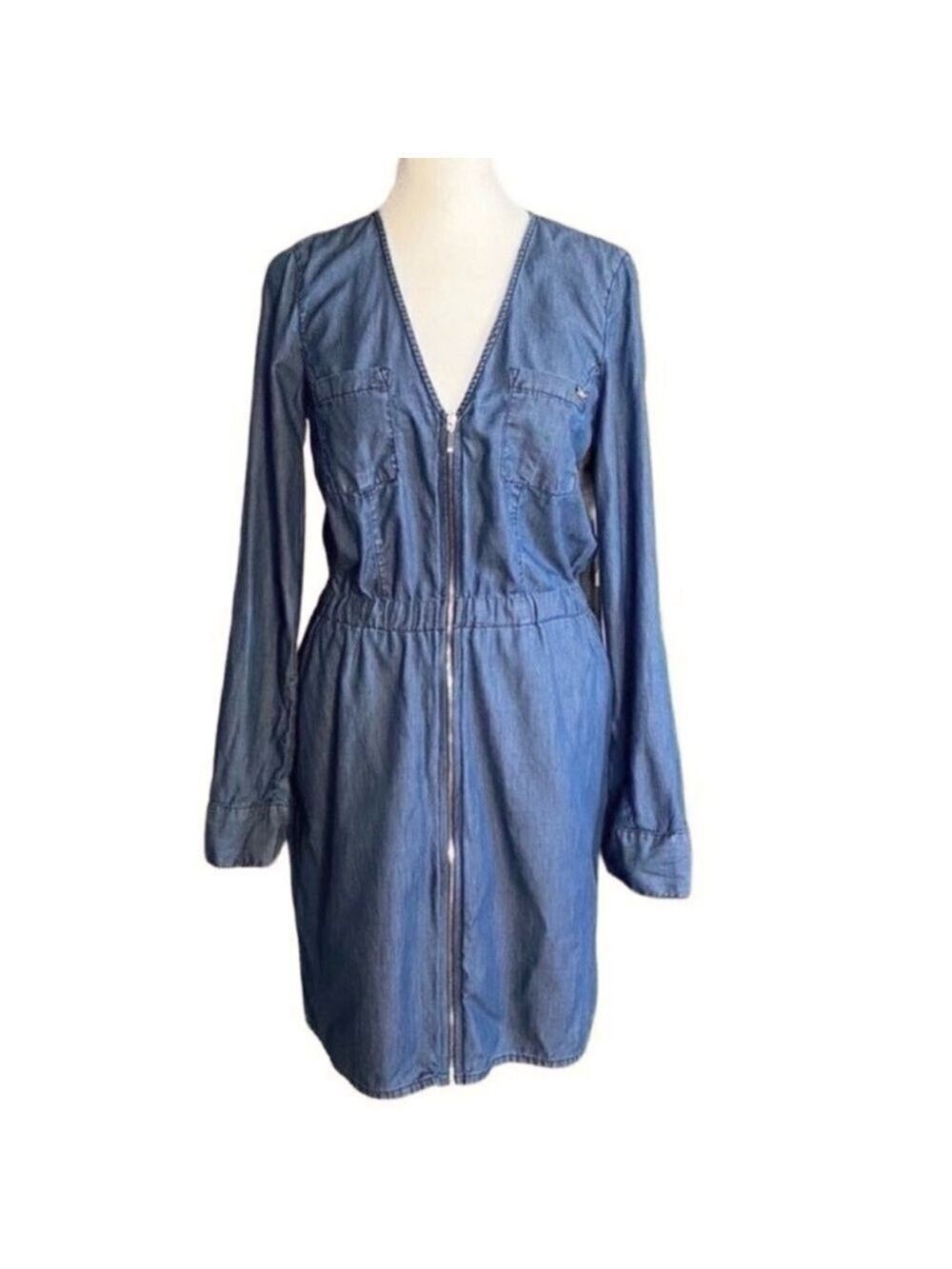 GUESS Chambray Cotton Denim V-Neck Long Sleeve Elastic Waist Short Dress Small